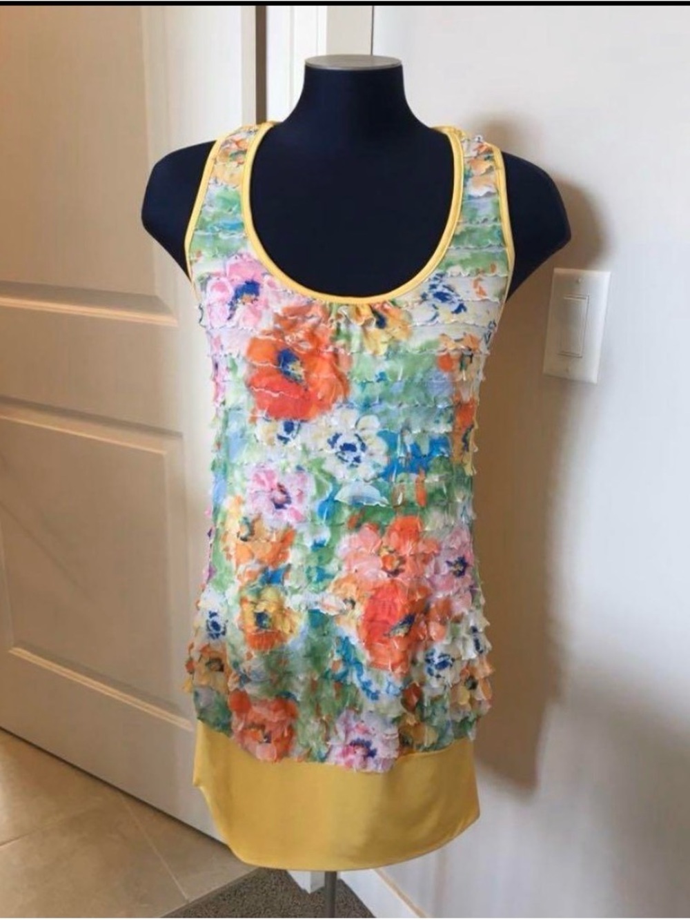 Bundle Item ! Floral Ruffle Layered Racerback Tunic Tank Top - Yellow Trim